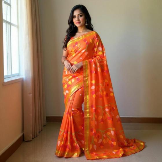 Muslin Saree with Blouse Piece | Orange