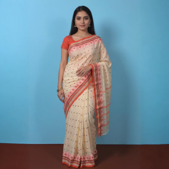 Handloom Bengal Cotton Tangail Saree | Off-white