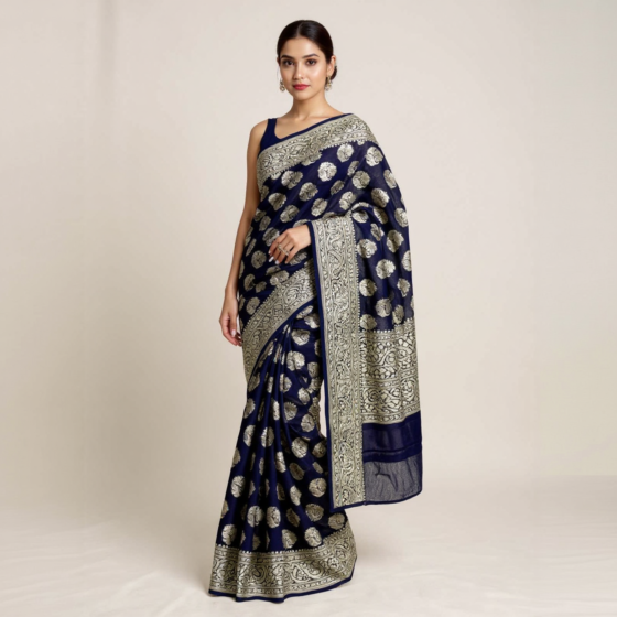 Banarasi Pure Silk Khaddi Georgette-Chiffon Saree-Navy Blue