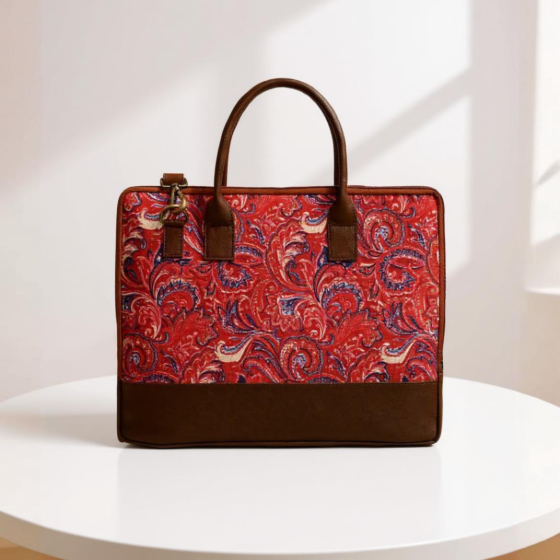 Premium Leather and Fabric Laptop Bag | Red