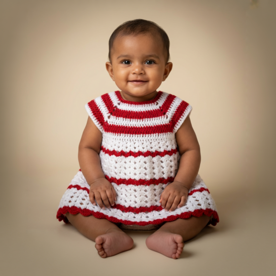 Handcrafted White & Maroon Woollen Frock for Girls