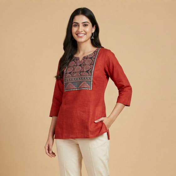 Handmade Orange Short Kurti for Women | Large: 40