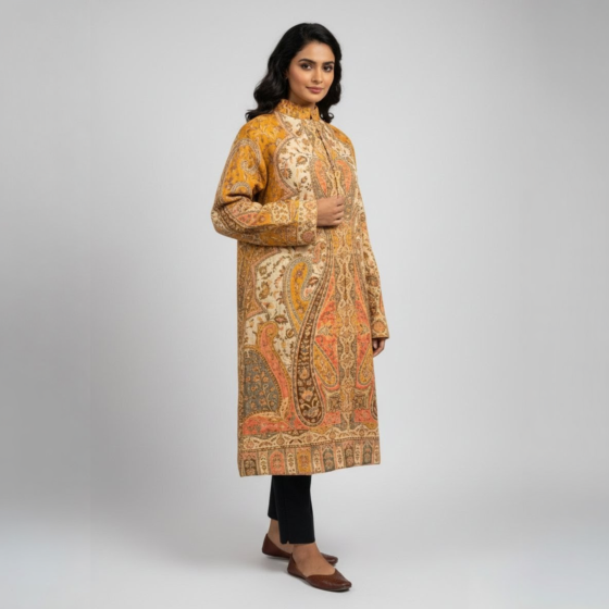Handcrafted Kani Woollen Yellow Coat | XXL