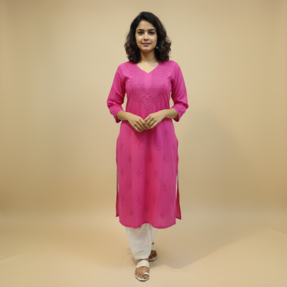 Hand-Embroidered Pink Long Kurti | Medium