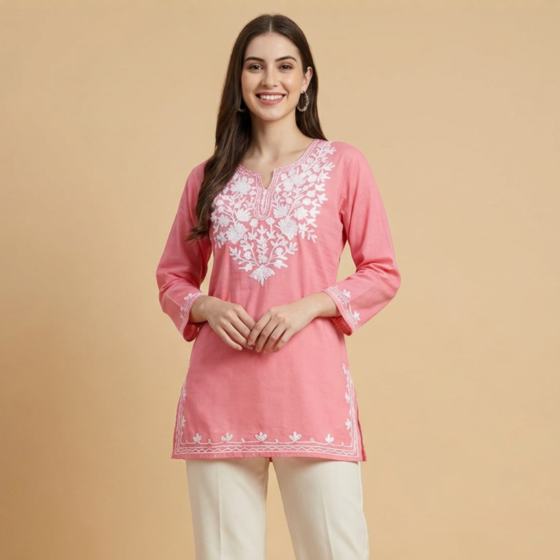 Hand-Embroidered Pure Cotton Peach Short Kurti | S
