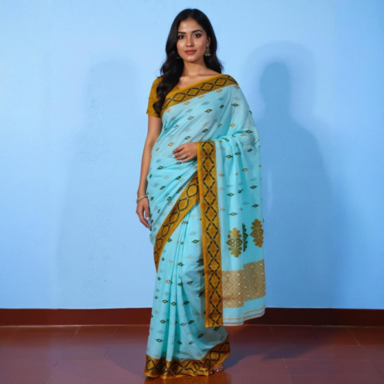 Premium Cotton Bengal Tangail Saree-Sky Blue