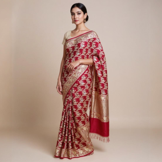 Banarasi Pure Silk Jangla Saree | Red