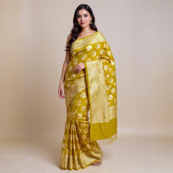 Banarasi Pure Silk Khaddi Georgette-Chiffon Saree | Gold