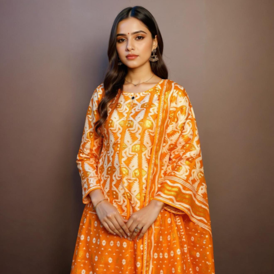 Handloom Unstitched Cotton Suit with Dupatta | Orange