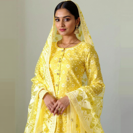 Handloom Unstitched Cotton Suit with Dupatta | Yellow