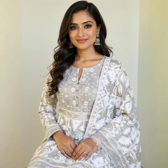 Handloom Unstitched Cotton Suit with Dupatta | Grey