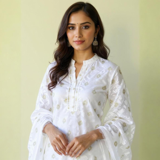 Handloom Unstitched Cotton Suit with Dupatta | White