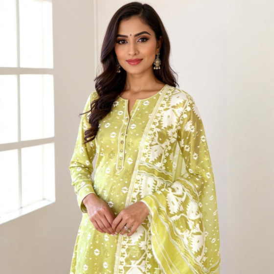 Handloom Unstitched Cotton Suit with Dupatta | Green