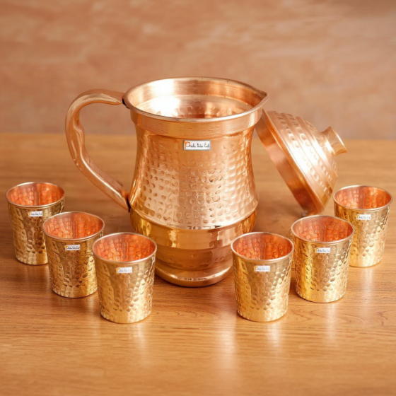 Prisha India Craft Hammered Design Pure Copper Water Jug 1800 ML with 6 Tumbler Glass 250 ML 