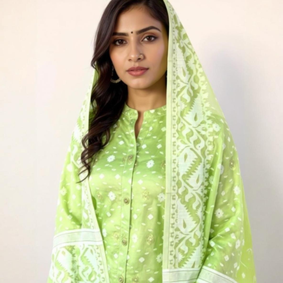 Handloom Unstitched Cotton Suit with Dupatta | Lime Green