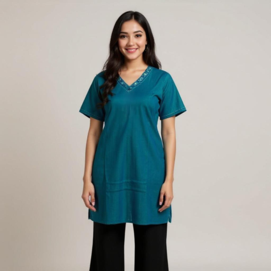 HAND EMBROIERED V NECKLINE BLUE KURTA FOR LADIES