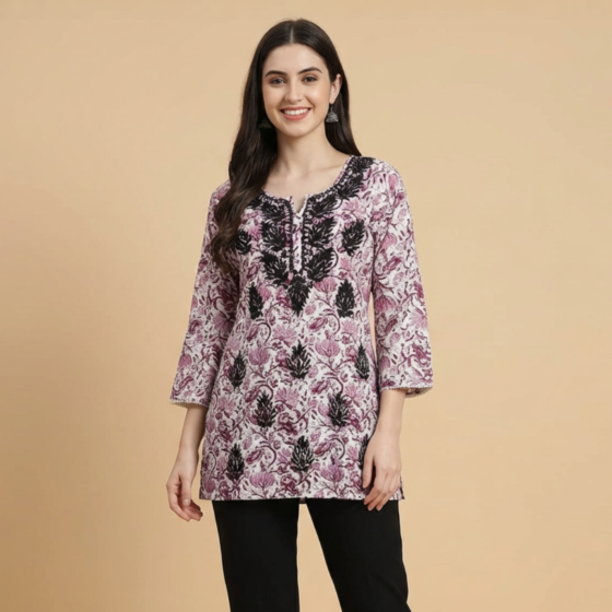 Hand-Embroidered Pure Cotton Purple & Black Short Kurti | Size: M