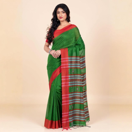 Handloom Pure Cotton Santipur Saree Online | Green & Red