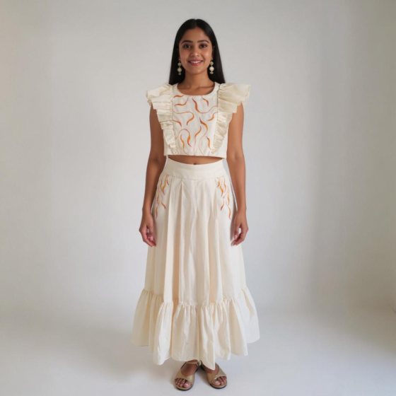 Off white skirt and top with golden floral pattern