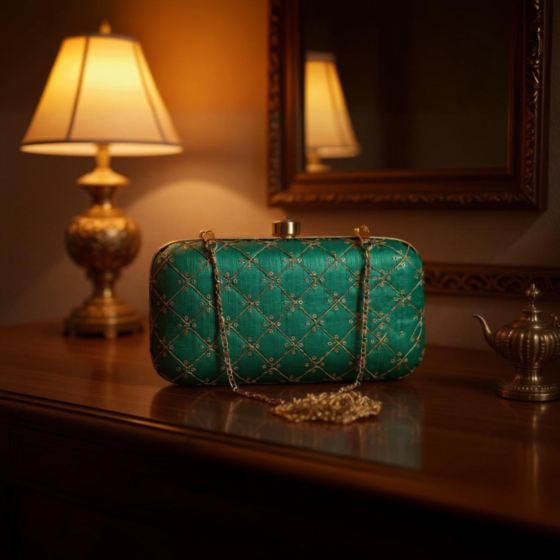 Silk Zari Embroidered Clutch | Green