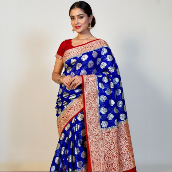 Banarasi Pure Silk Khaddi Georget Shiffon Saree-Blue