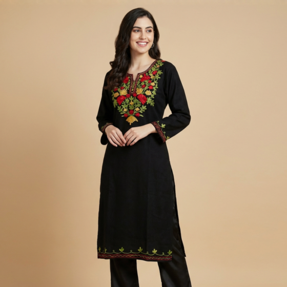 Hand-Embroidered Cotton Black Long Kurti | Large