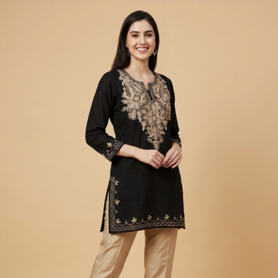 Hand-Embroidered Cotton Black Short Kurti | Large