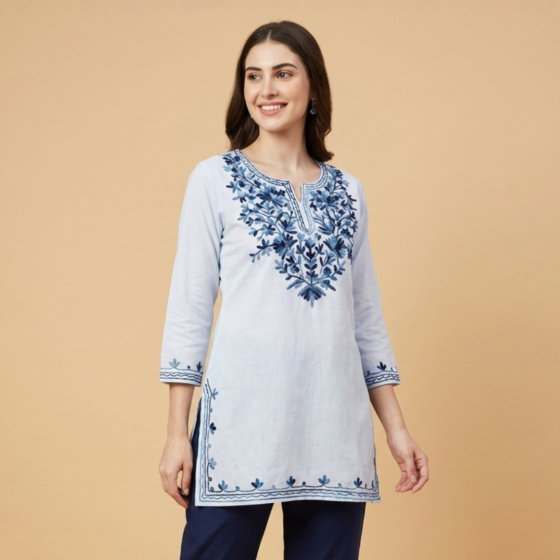 Hand-Embroidered Cotton White Short Kurti | Small