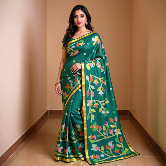 Muslin Saree with Blouse Piece | Green