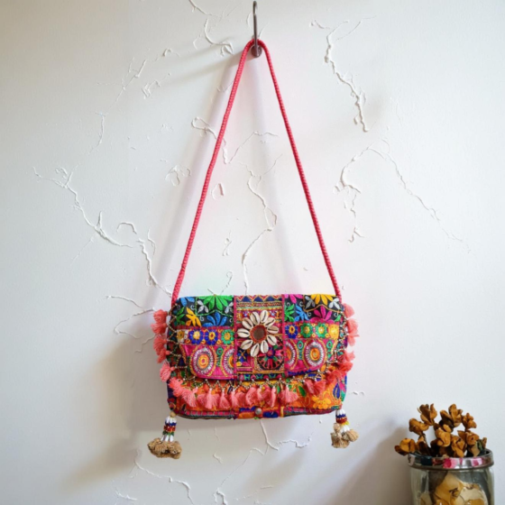 Hand Embroidered Sling Bag with Tassels and Kodi | Multi Colour