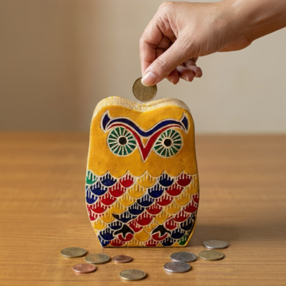 Handcrafted Owl-Shaped Leather Coin Piggy Bank