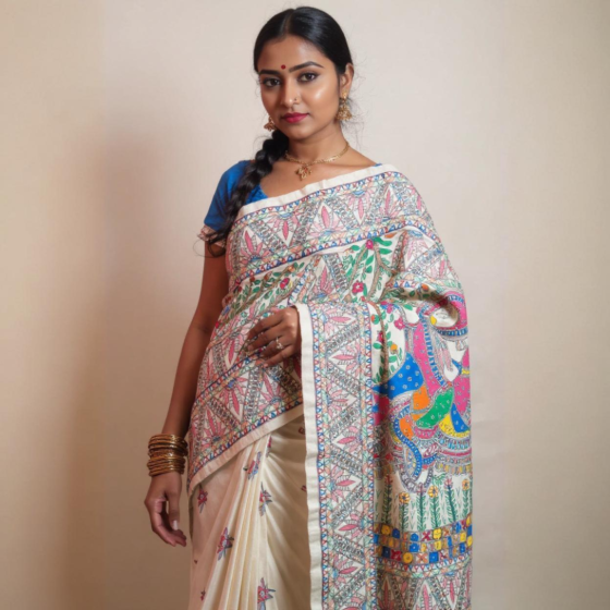 Handmade Madhubani Painting Saree With Blouse | 6.5 Metres