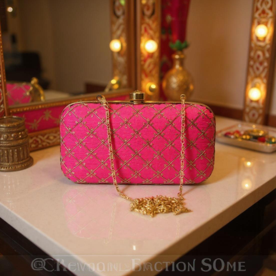 Hot Pink Zari Embroidered Pink Clutch for Women