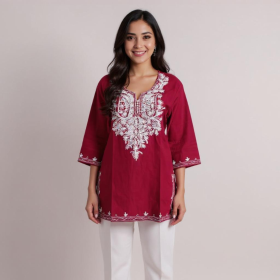 Women Embroidered Pure pink Cotton short Kurta