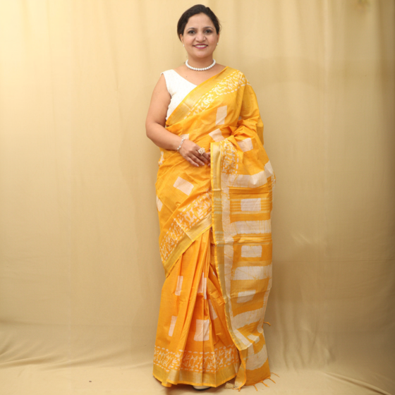 Semi Linen Batik Print Saree with Silver Zari Border & Running Blouse - Yellow Premium Look