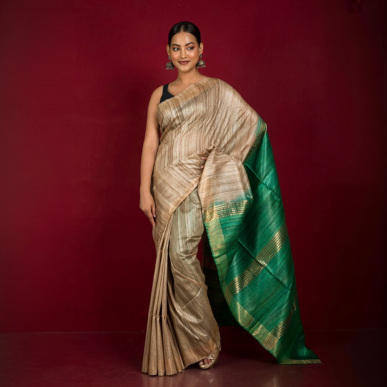Handloom Dual-Dye Tussar Ghicha Silk Saree with Golden Zari Border