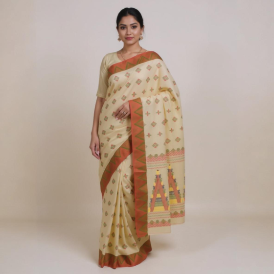 Bengal Red & Off-White Cotton Tangail Saree