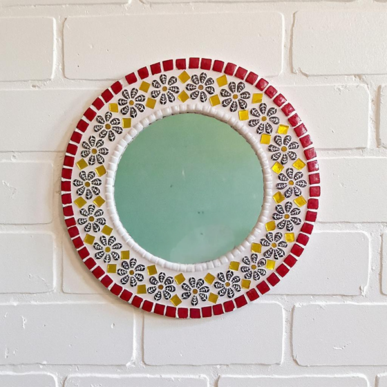 Lovekush Handicrafts Mosaic Decorative Round Inner Wall Mount Mirror (Square Cut)