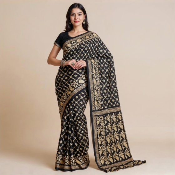 Bengal Cotton Traditional Saree-Black