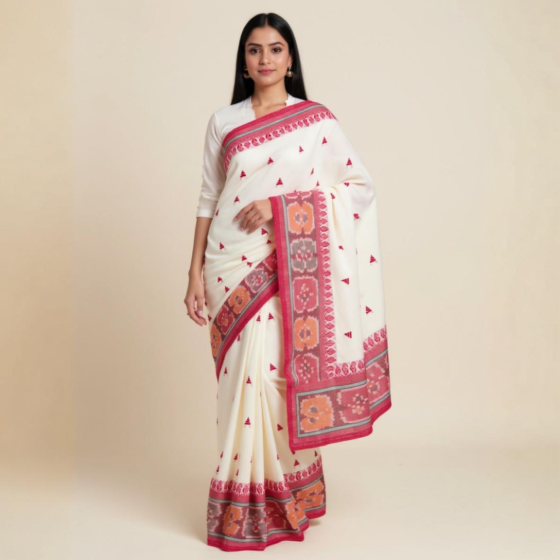 Pure Cotton White Handloom Saree | 5.5 x 1.19 Metres