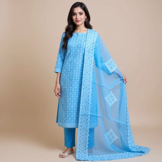 Handloom Applique Salwar Suit (Blue)