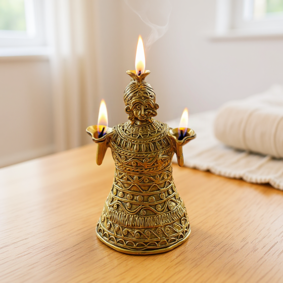 Lady Three Diya - Puja Accessories - GI Certified Bengal Dokra