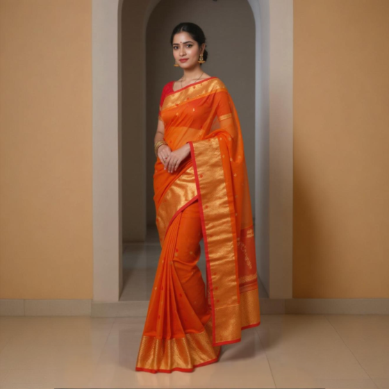 Maheshwari Saree Orange 6.25meter Silk Cotton