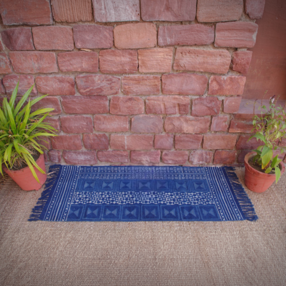 Blue Cotton Hand Block Print Rug 