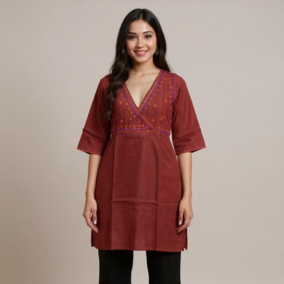 MAROON WITH MULTI COLOR HAND EMBROIDERY KURTA FOR WOMEN