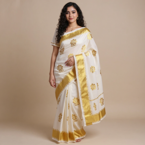 Kuthampully Cotton Handloom Saree 3 Golden Zari Border With Blouse