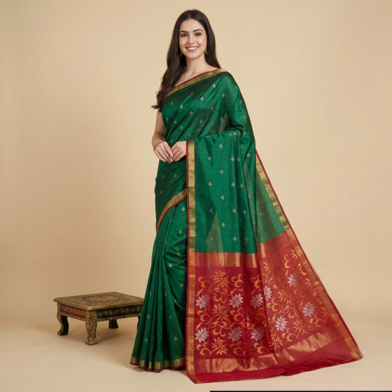 Handloom Jamdani Silk Buta Saree | Green & Red