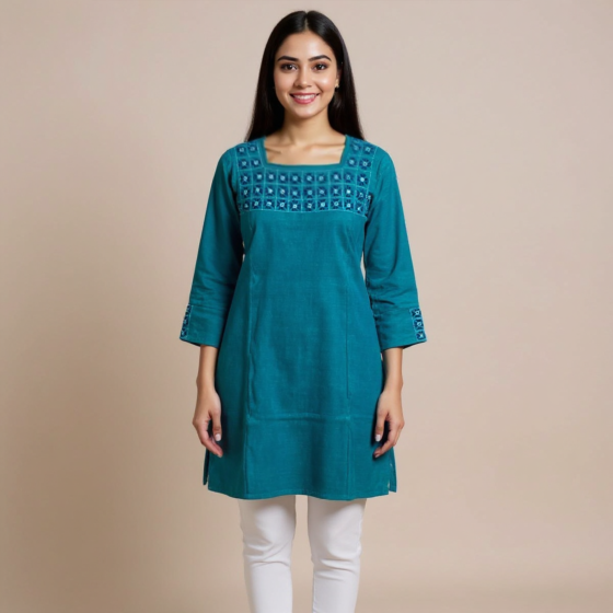 EMBROIDERED BLUE KURTA FOR LADIES 