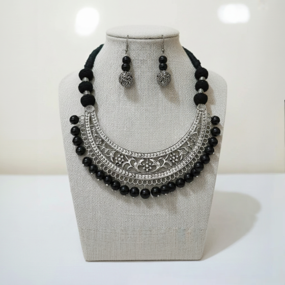 Black Onyx Silver Oxidised Crescent Necklace with Earrings