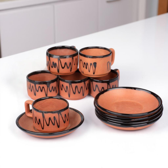 Terracotta Tea Cup Set with Saucer | Set of 6